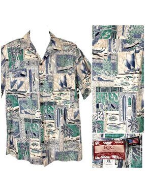 RJC Tapa Fish Canoe Ocean Mens Hawaiian Shirt size XL 49x31 Cotton USA Made